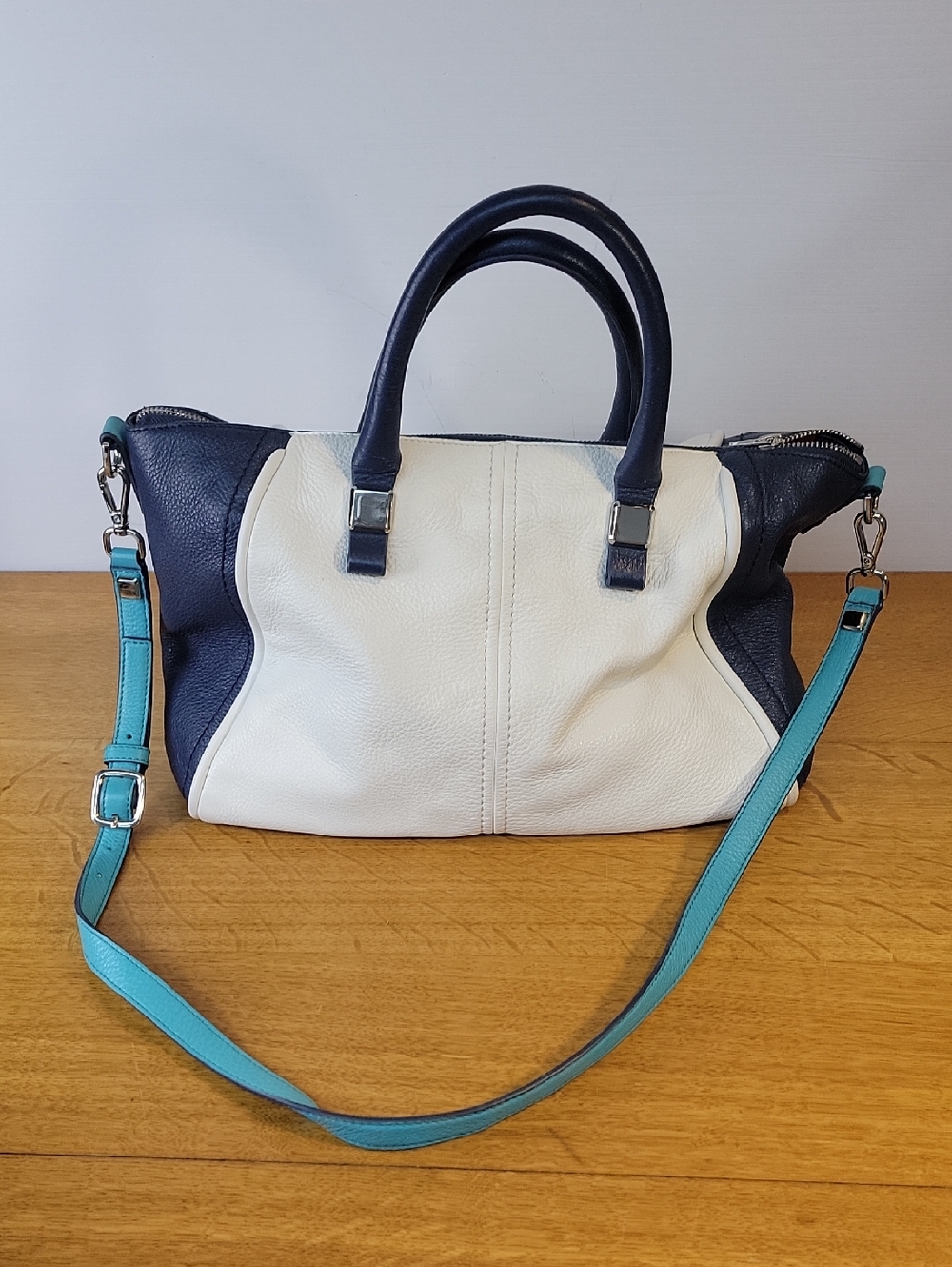 Nine West Genuine Leather Two-Tone Satchel Handbag - Navy and White